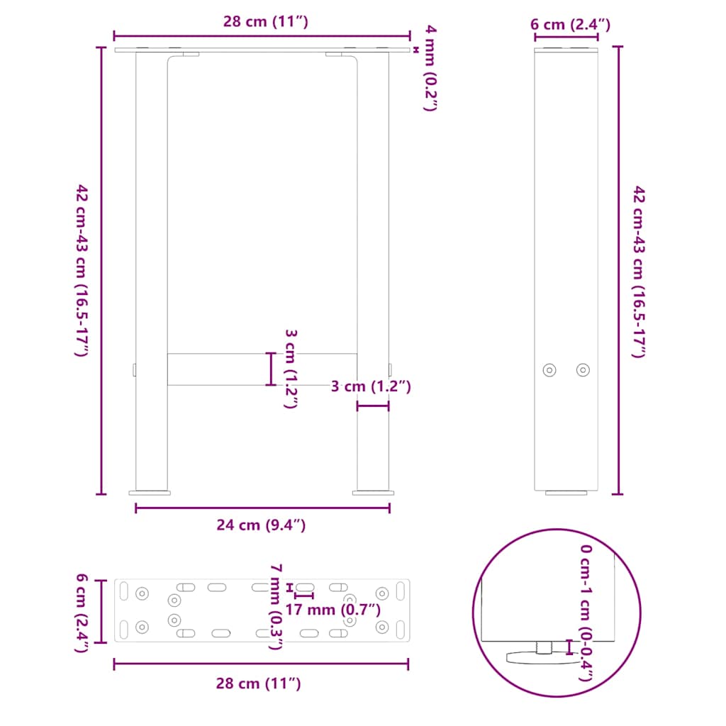 Noge za klub stolić crne 2 kom 28 x (42-43) cm čelik