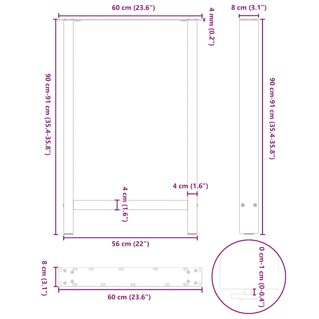 Noge za barski stol Prirodni čelik 2 kom 60 x (90-91) cm Čelik
