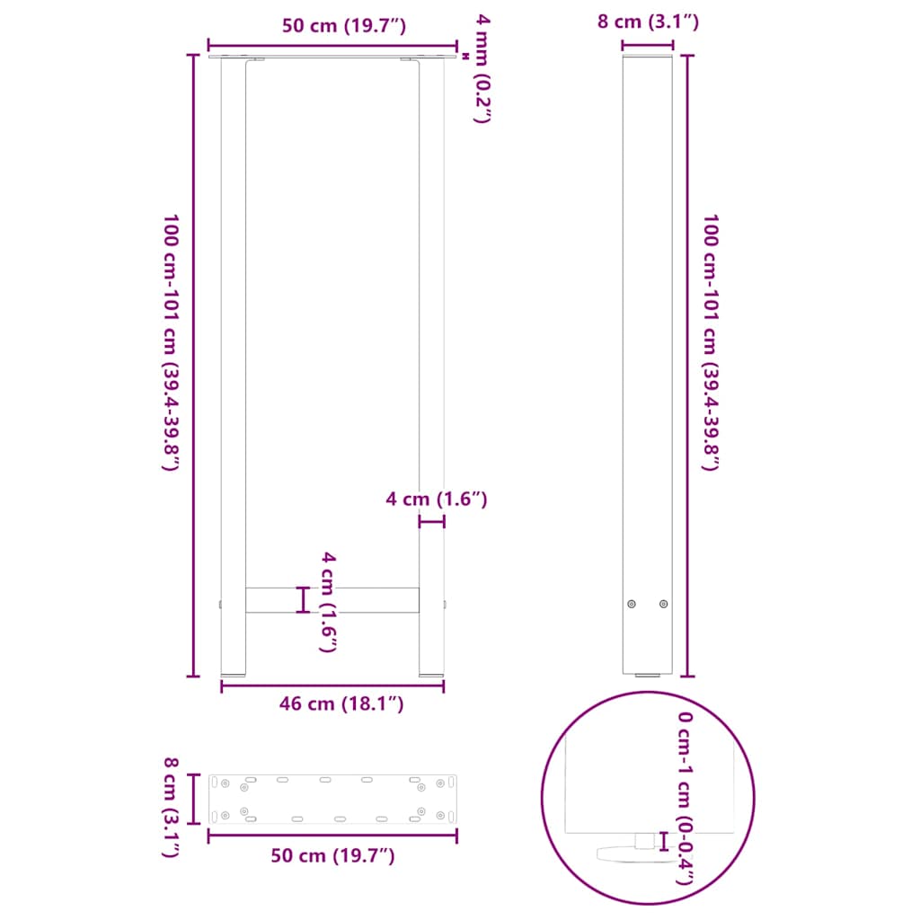 Noge za barski stol Crne 2 kom 50 x (100-101) cm Čelične