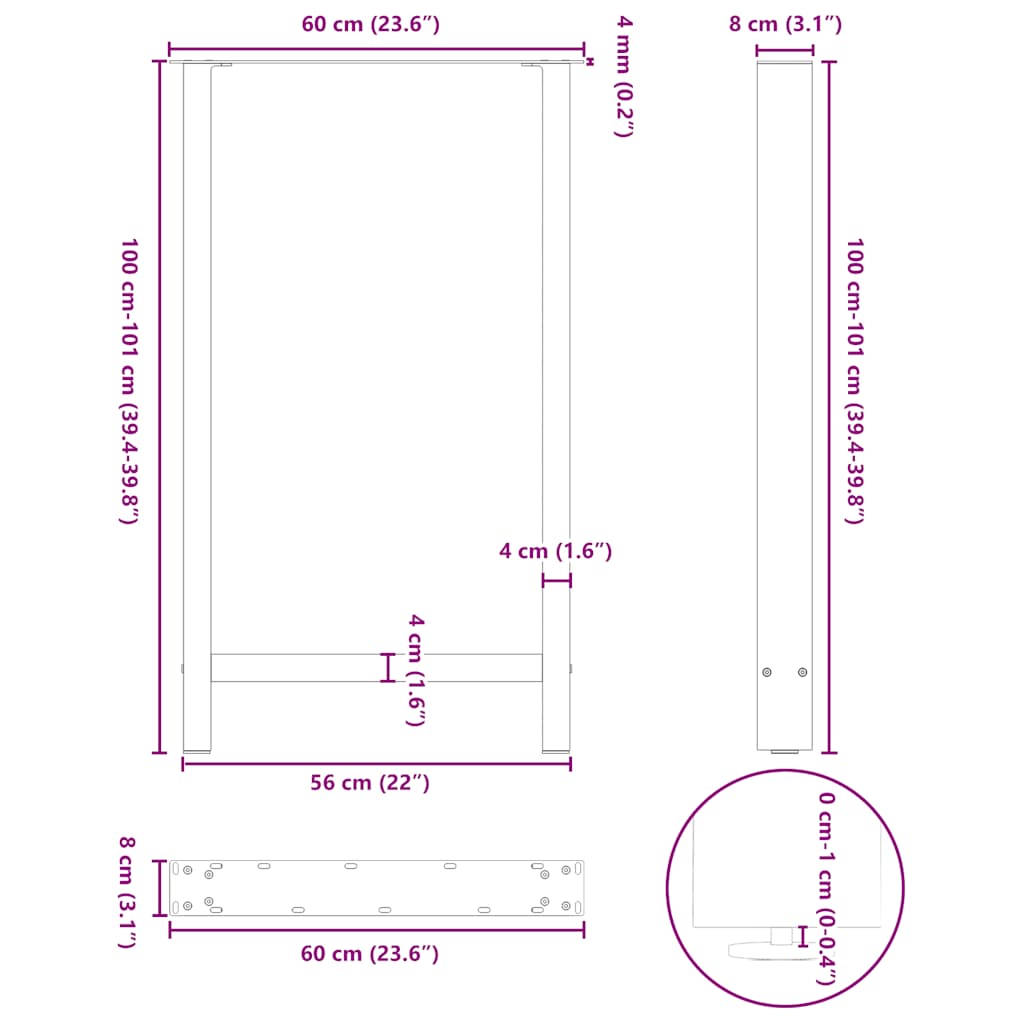 Noge za barski stol Crne 2 kom 60 x (100-101) cm Čelične