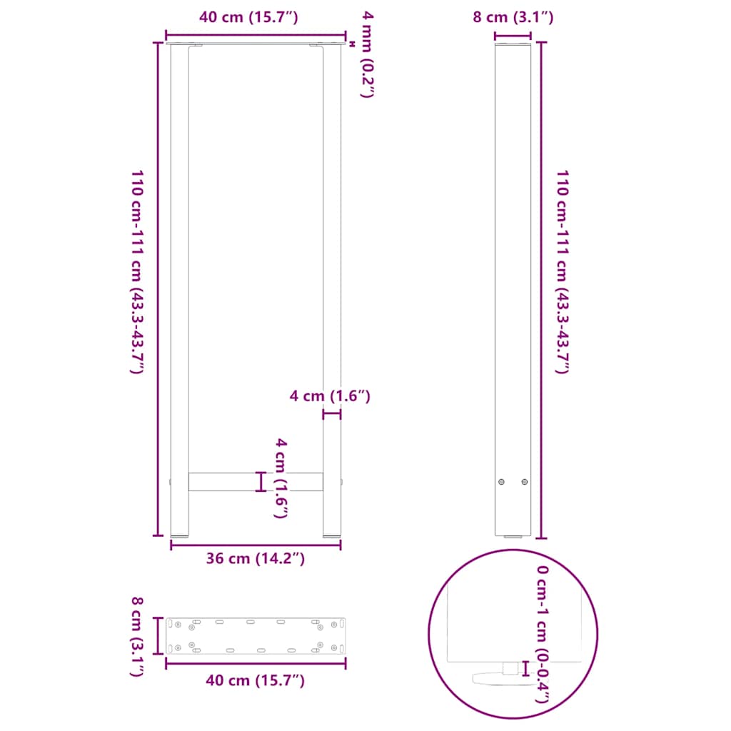 Noge za barski stol Crne 2 kom 40 x (110-111) cm Čelične