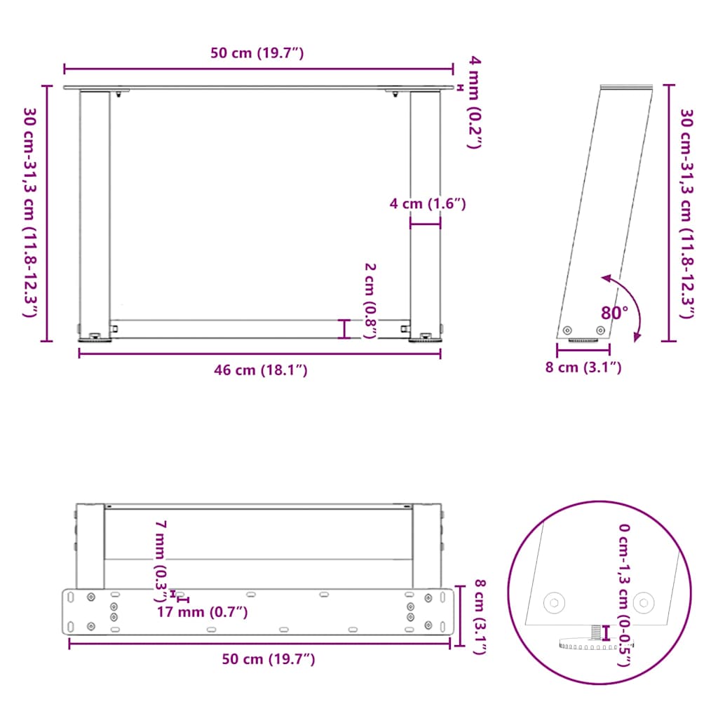 Noge za klub stolić U-oblik 2 kom Crne 50 x (30-31) cm Čelik