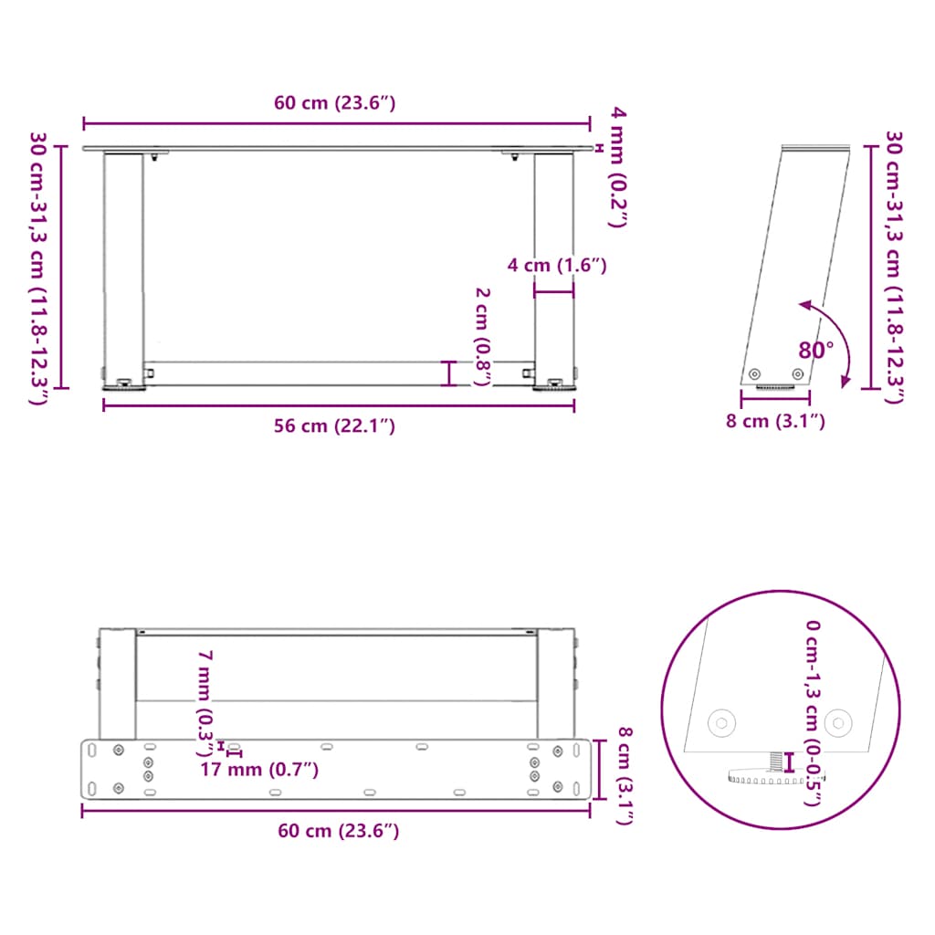 Noge za klub stolić U-oblik 2 kom Crne 60 x (30-31) cm Čelik