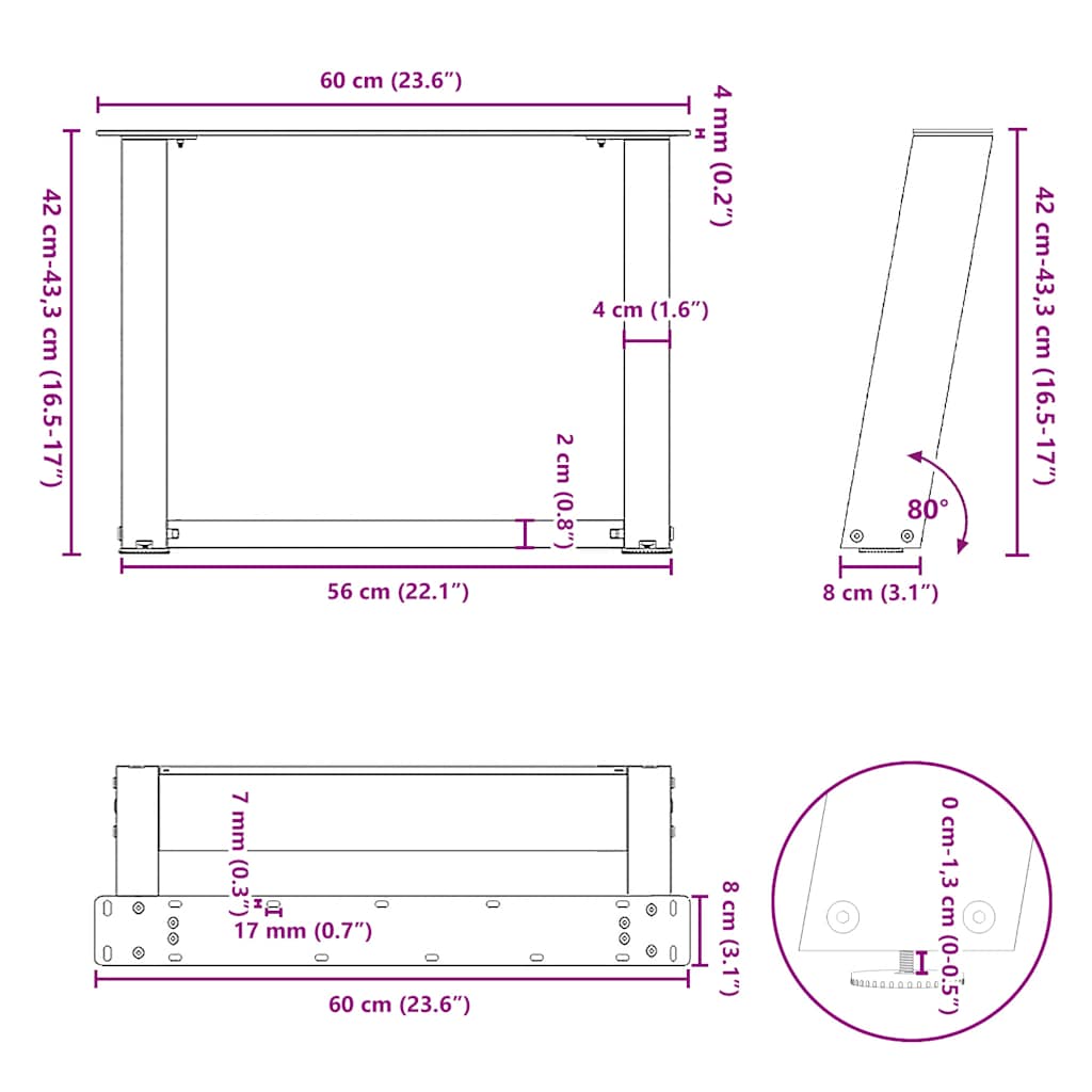 Noge za klub stolić U-oblik 2 kom Bijele 60 x (42-43) cm Čelik
