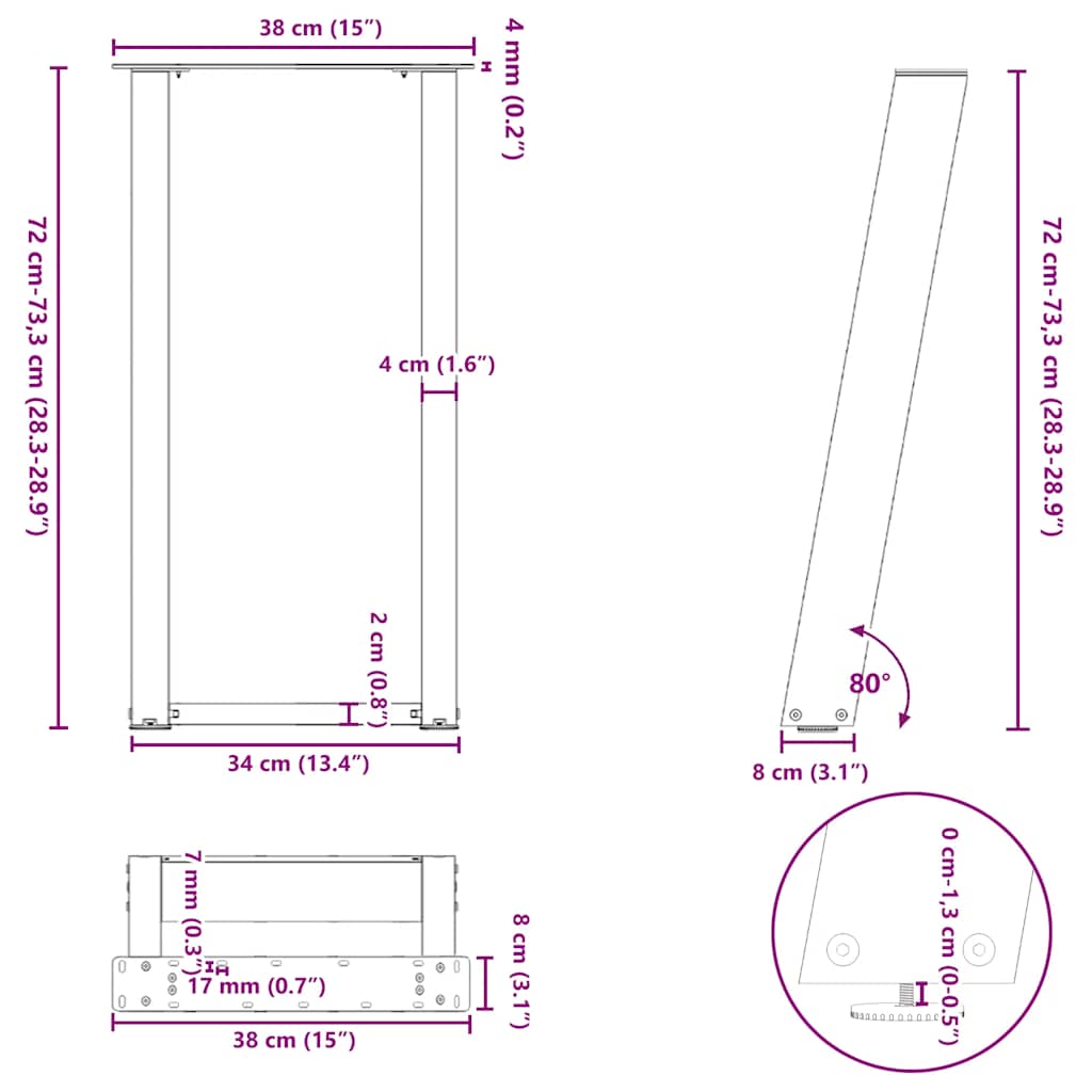 Noge za konzolni stol u obliku slova U, 2 kom, prirodni čelik, 38 x (72-73) cm, čelik