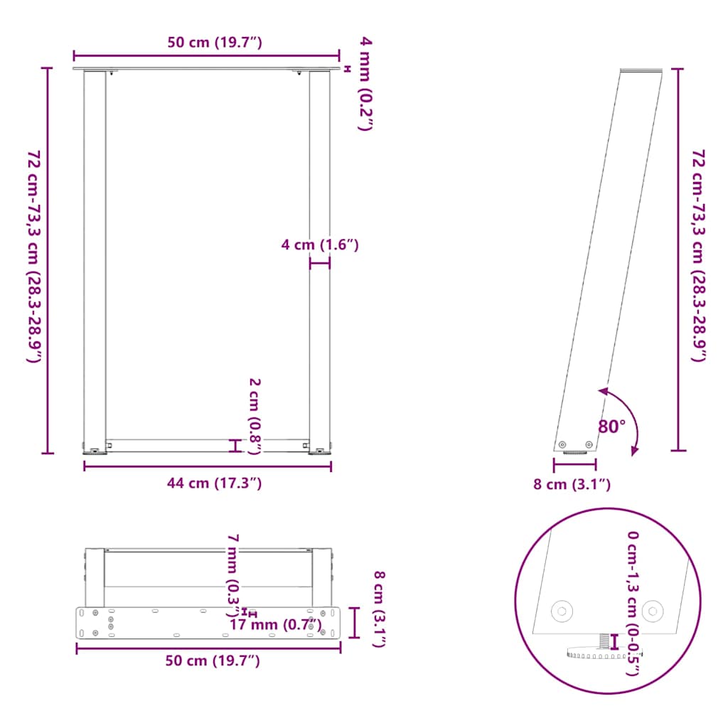 Noge za blagovaonski stol U-oblik 2 kom Prirodni čelik 50 x (72-73) cm Čelik