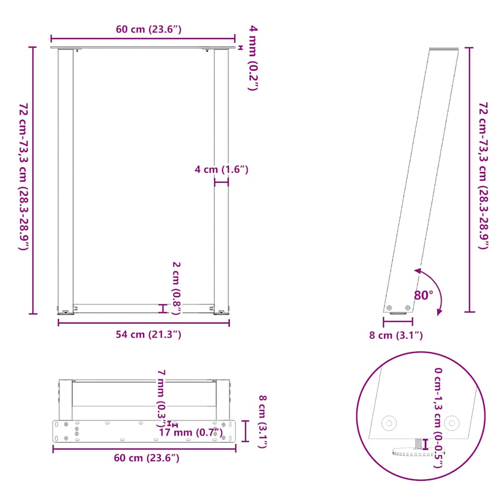 Noge za blagovaonski stol U-oblik 2 kom Bijele 60 x (72-73) cm Čelik