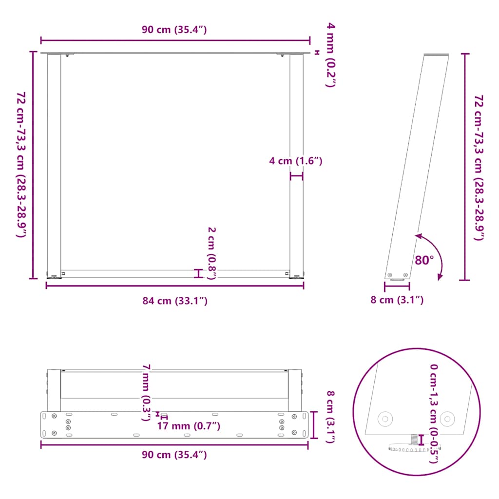 Noge za blagovaonski stol U-oblik 2 kom Prirodni čelik 90 x (72-73) cm Čelik