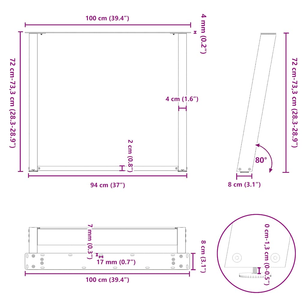 Noge za blagovaonski stol U-oblik 2 kom Crne 100 x (72-73) cm Čelik