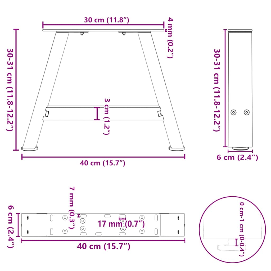 Noge za klub stolić A-oblika 2 kom 40 x (30-31) cm čelik