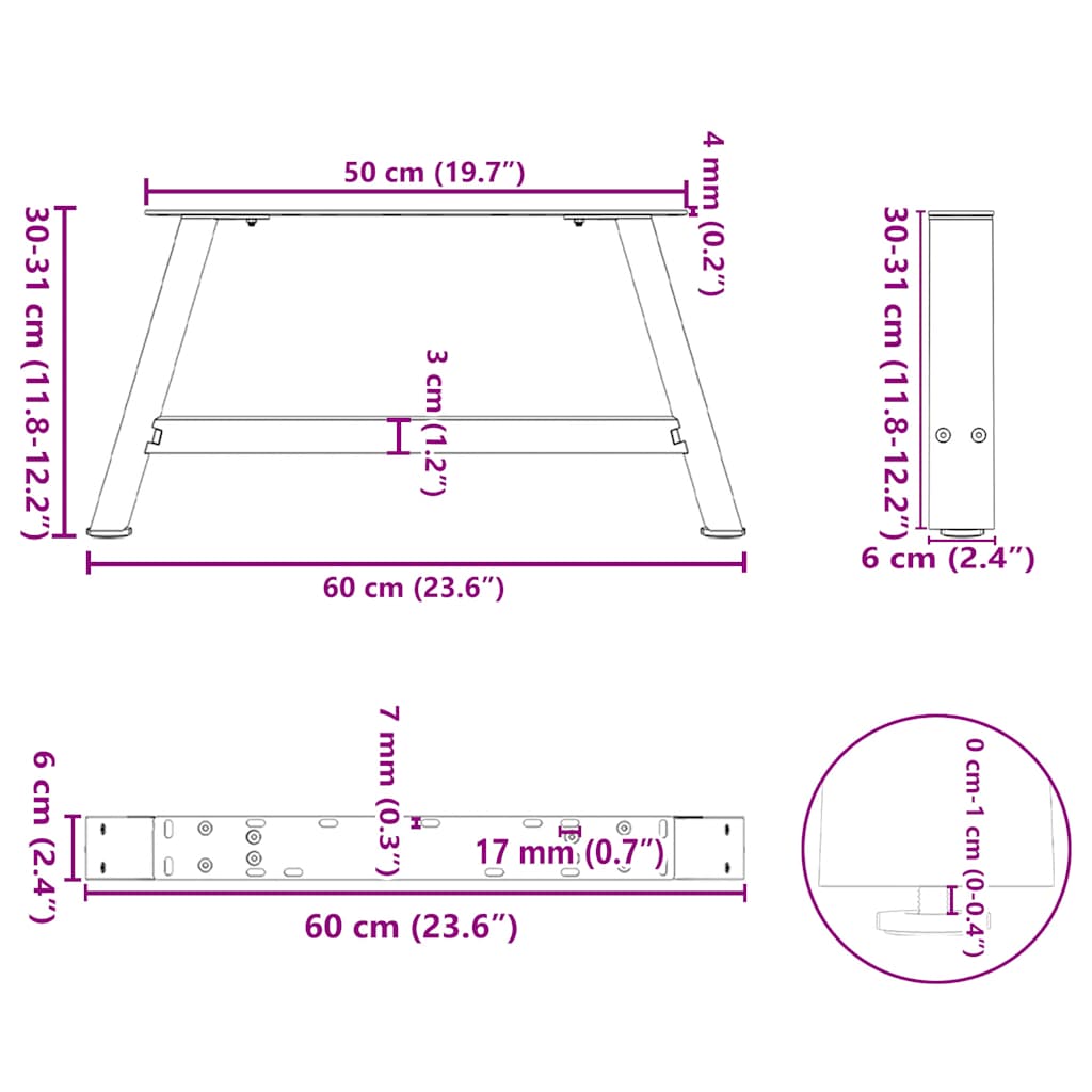 Noge za klub stolić A-oblika 2 kom Crne 60 x (30-31) cm Čelik