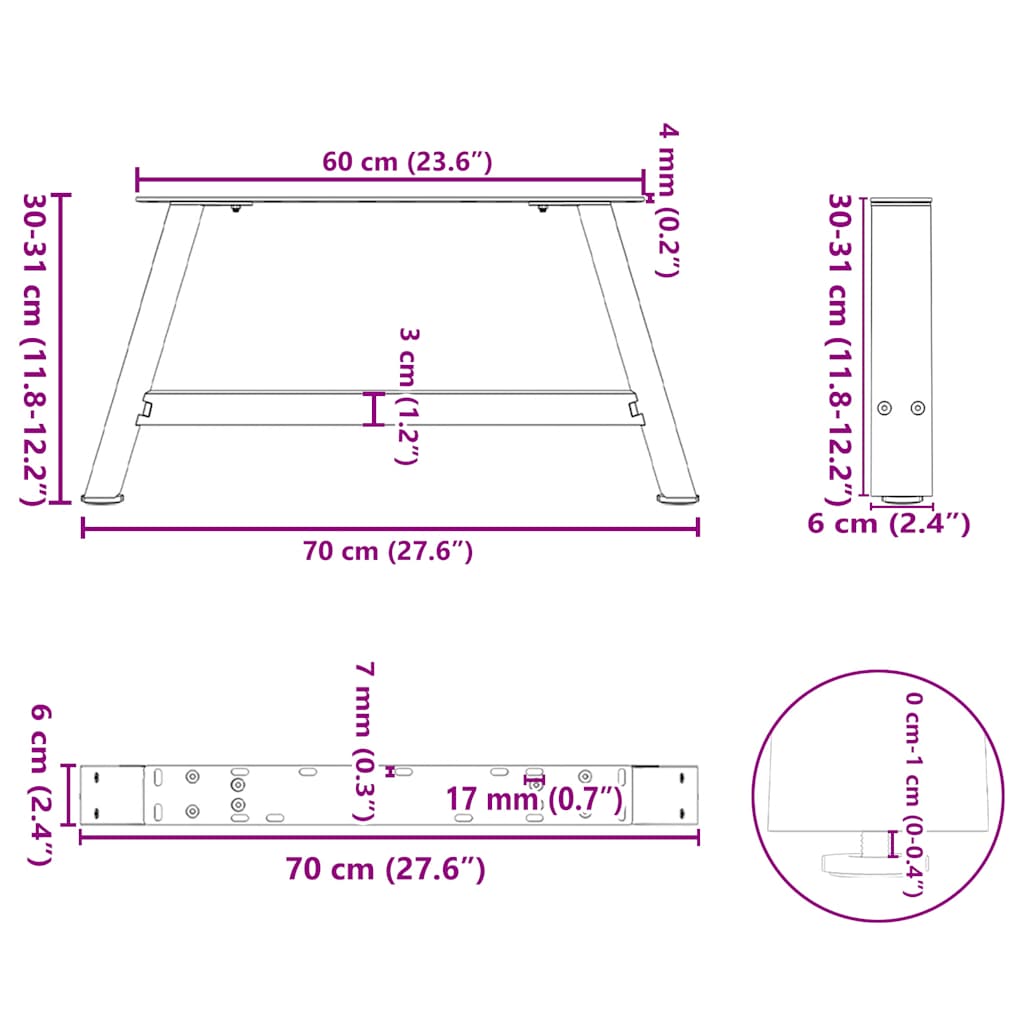 Noge za klub stolić A-oblika 2 kom Crne 70 x (30-31) cm Čelik