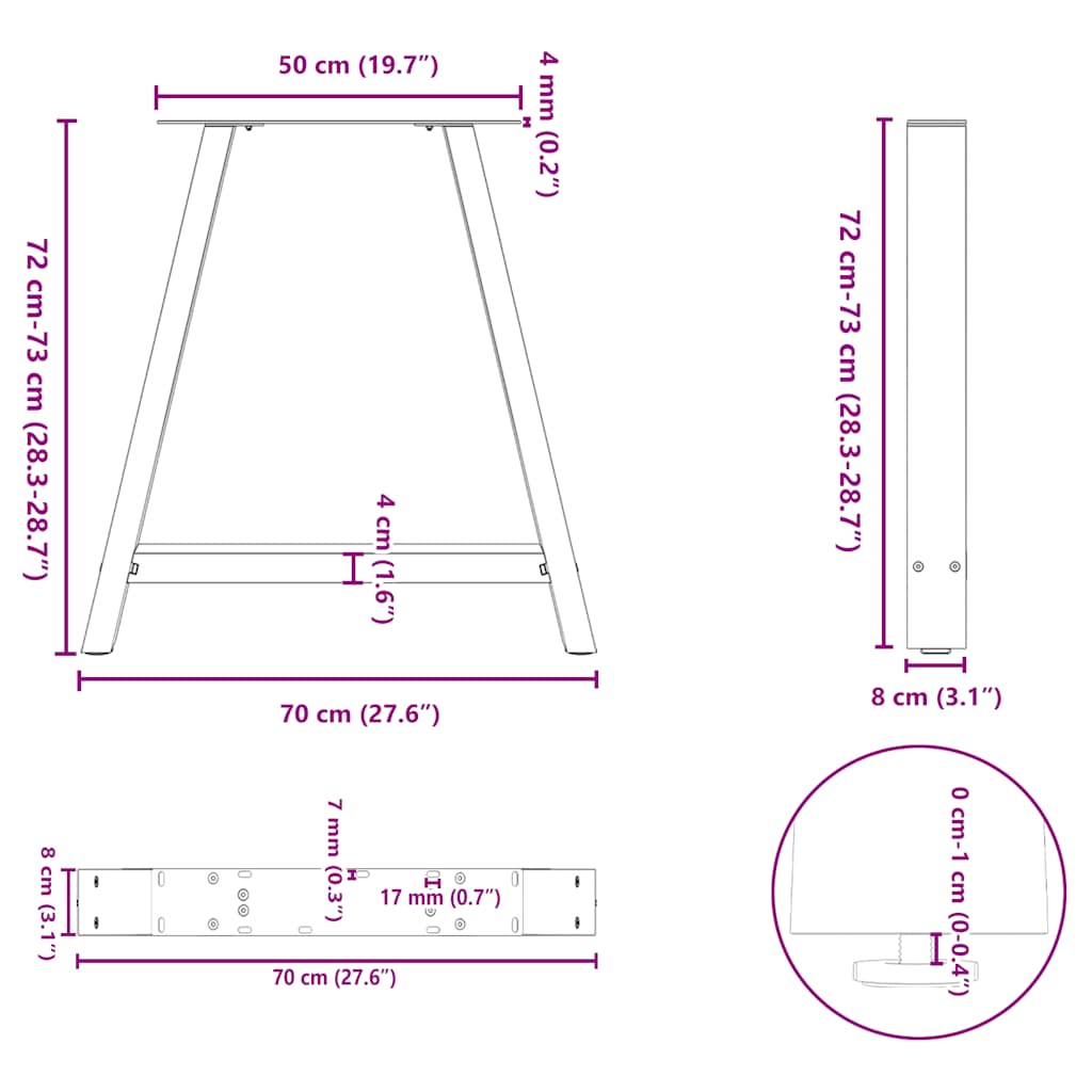 Noge za blagovaonski stol A-oblika 2 kom 70 x (72-73) cm Čelik