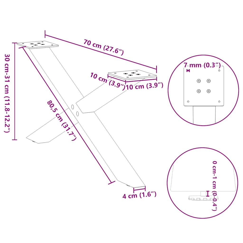 Noge za klub stolić X-oblik 2 kom Bijele 70 x (30-31) cm Čelik