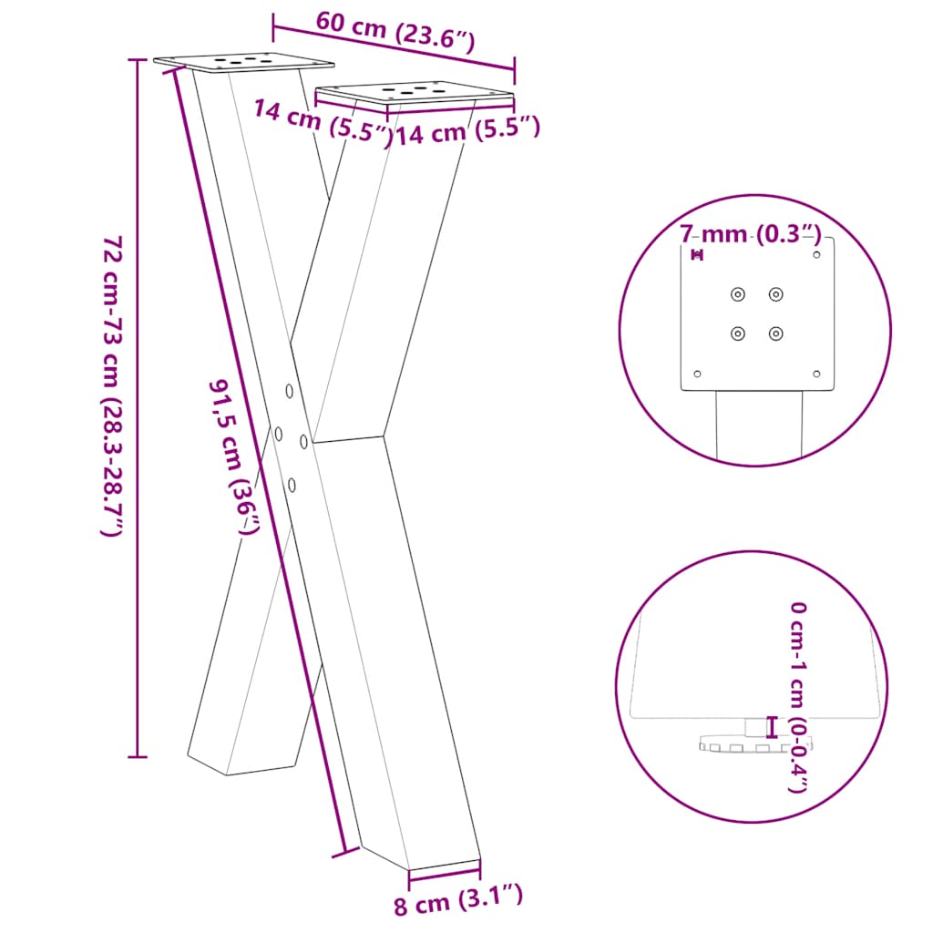 Noge za blagovaonski stol u obliku slova X, 2 kom, crne, 60 x (72-73) cm, čelik