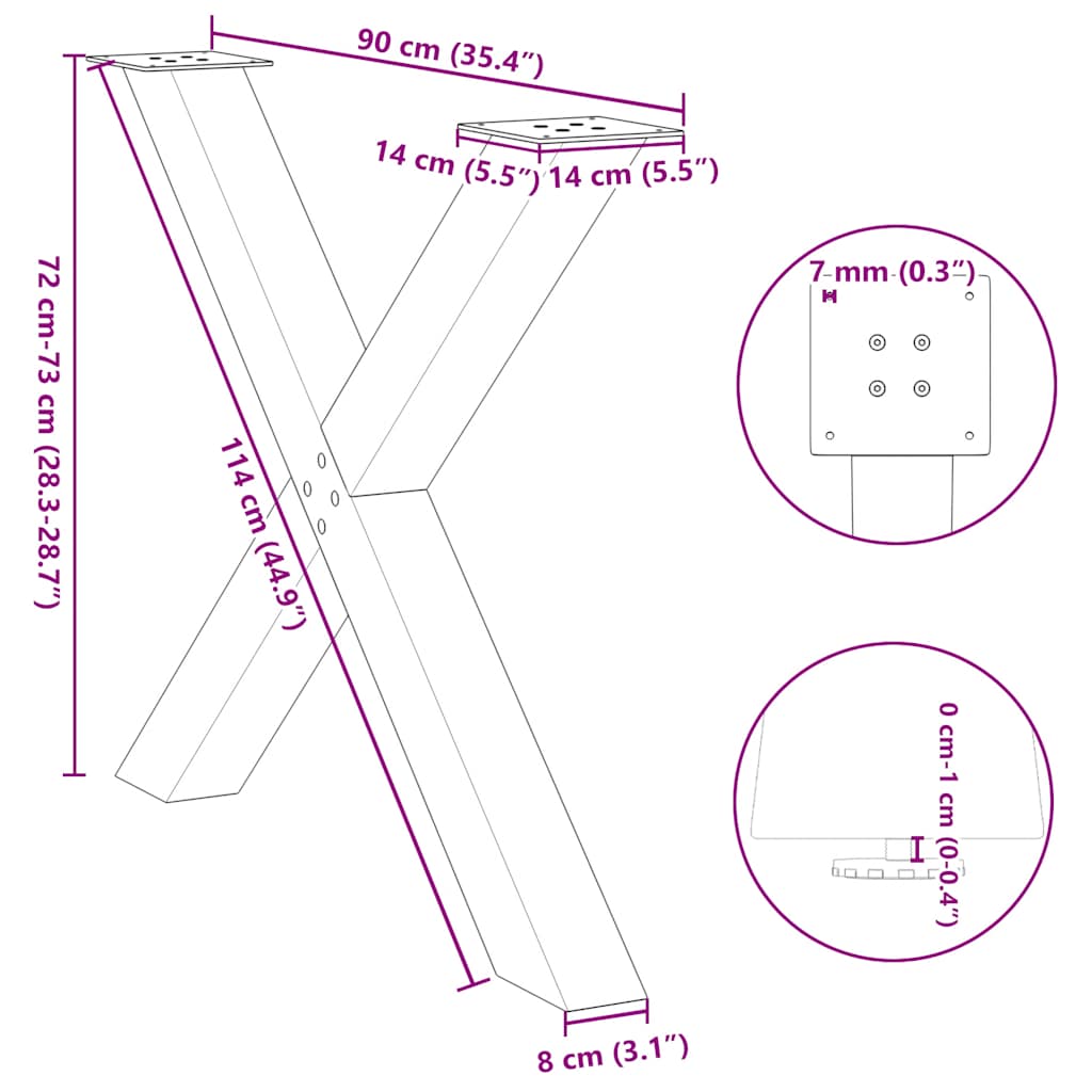 Noge za blagovaonski stol u obliku slova X, 3 kom, prirodni čelik, 90 x (72-73) cm, čelik