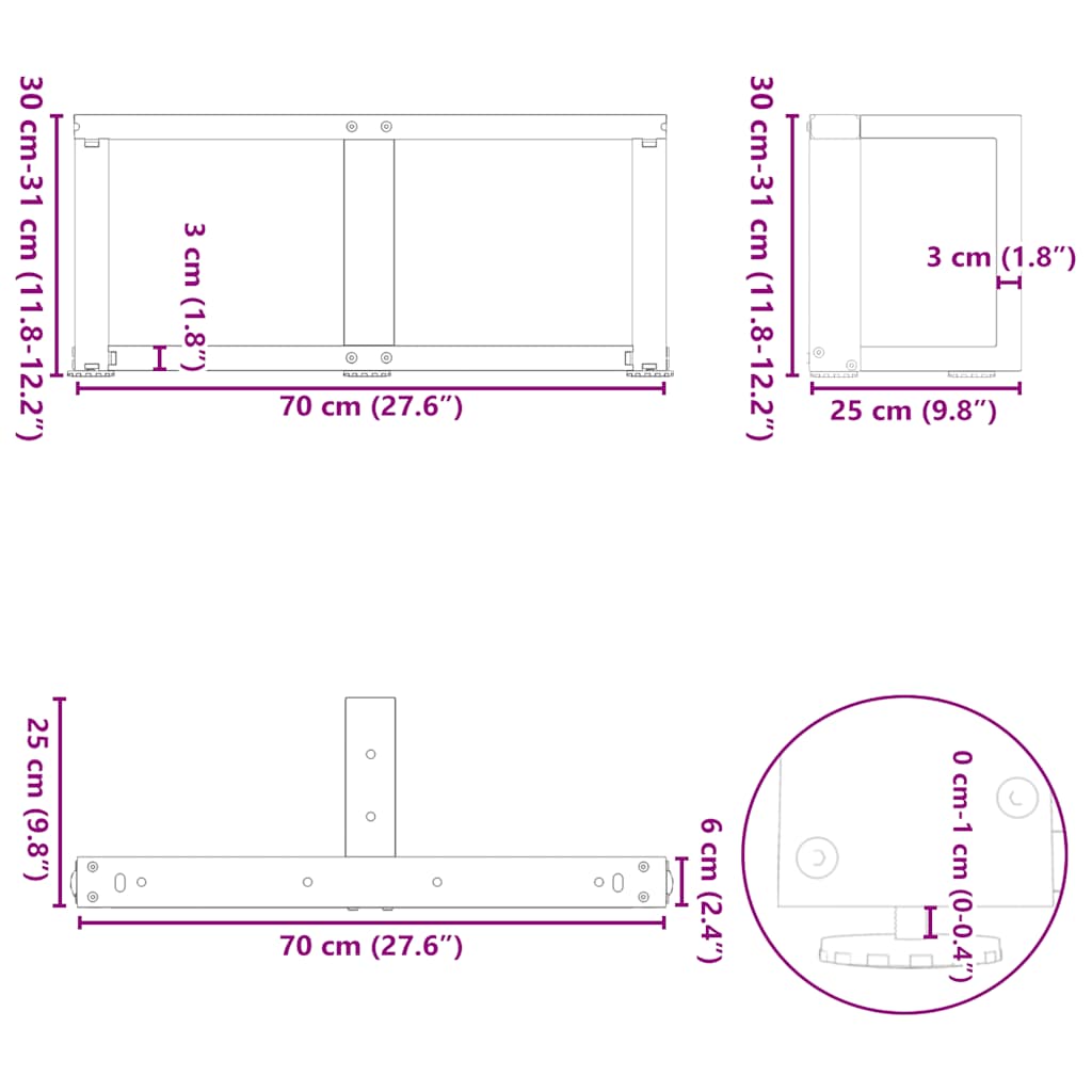 Noge za klub stolić T-oblika 2 kom Crne 70x25x(30-31) cm Čelik