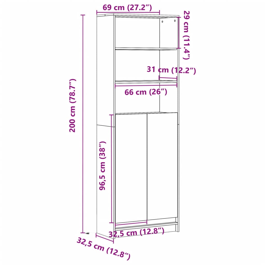 Visoka komoda LED siva betona 69x32,5x200 cm konstruirano drvo