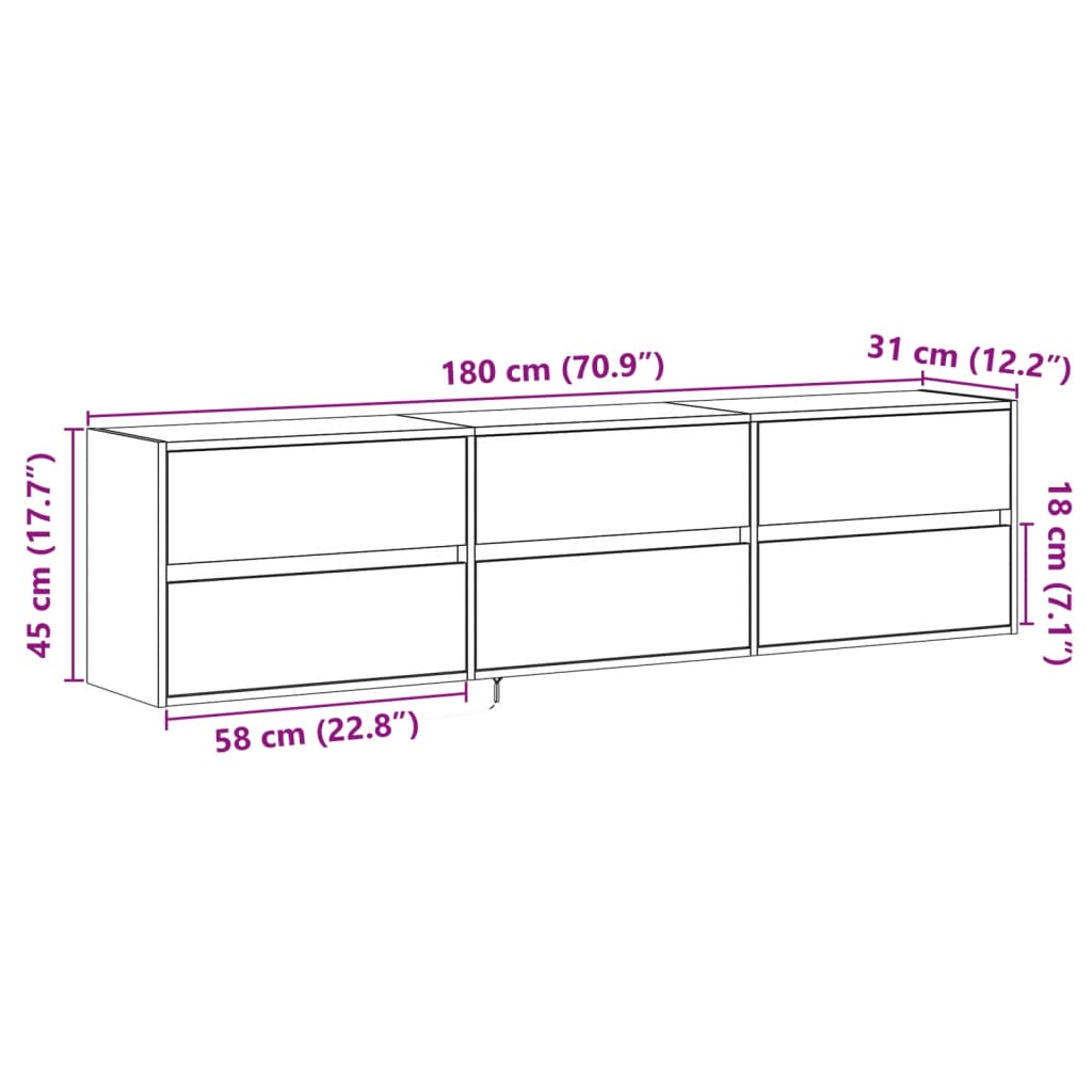 Zidni TV ormarić s LED svjetlima siva boja hrasta 180x31x45 cm