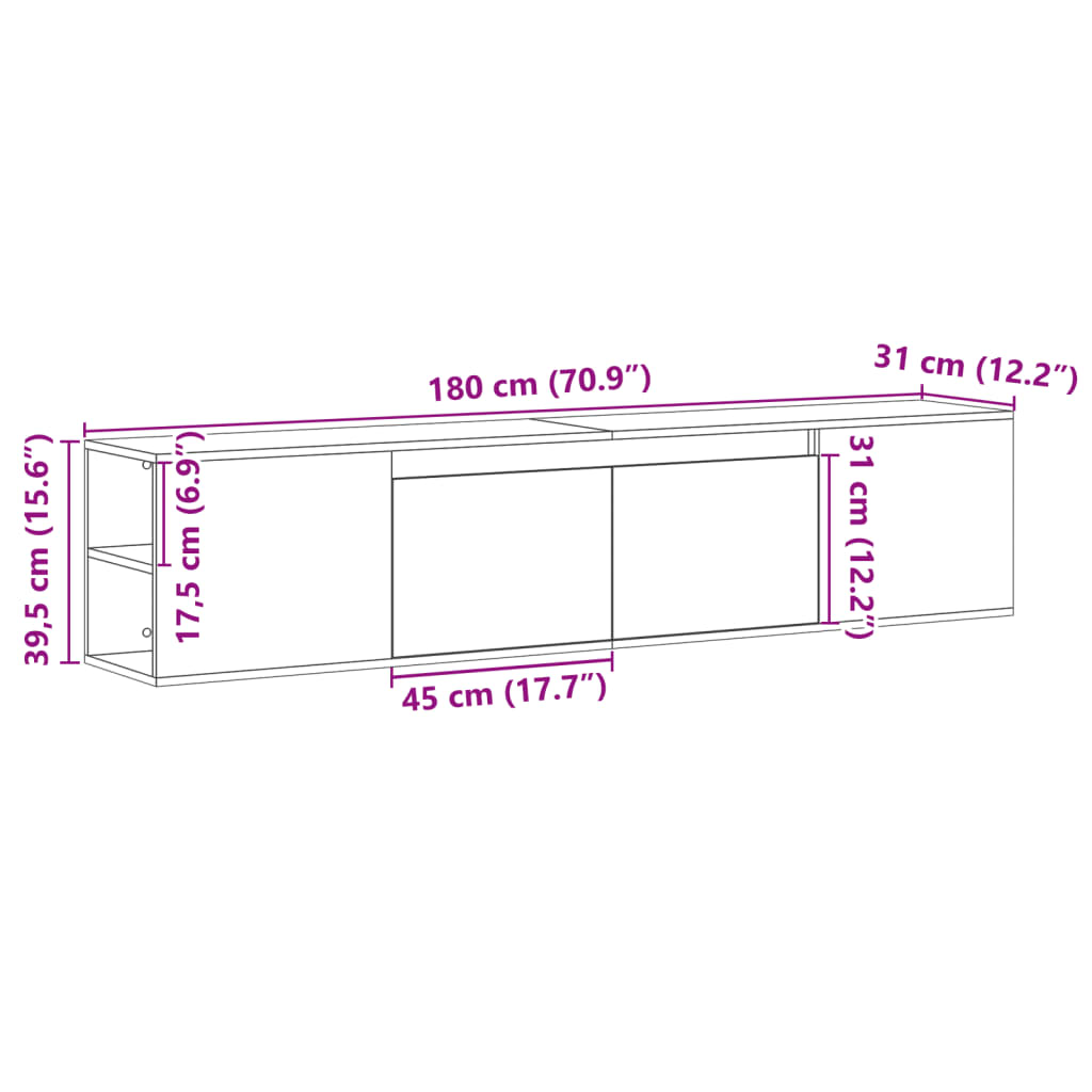Zidni TV ormarić s LED svjetlima bijeli 180 x 31 x 39,5 cm