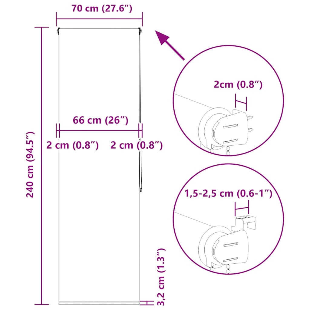 Rolo zavjesa za tuš 70x240 cm širina tkanine 66 cm