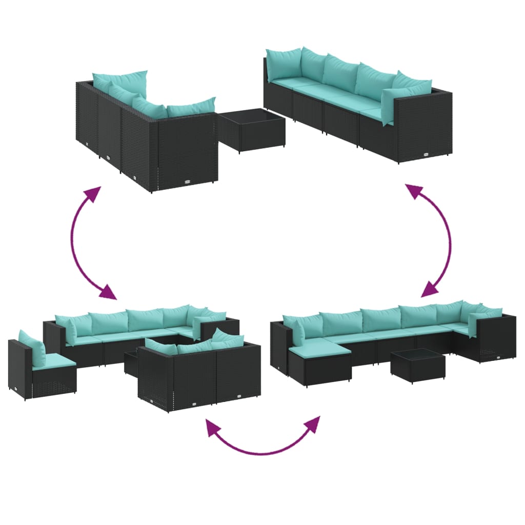 8-dijelna vrtna garnitura od poliratana s jastucima crna