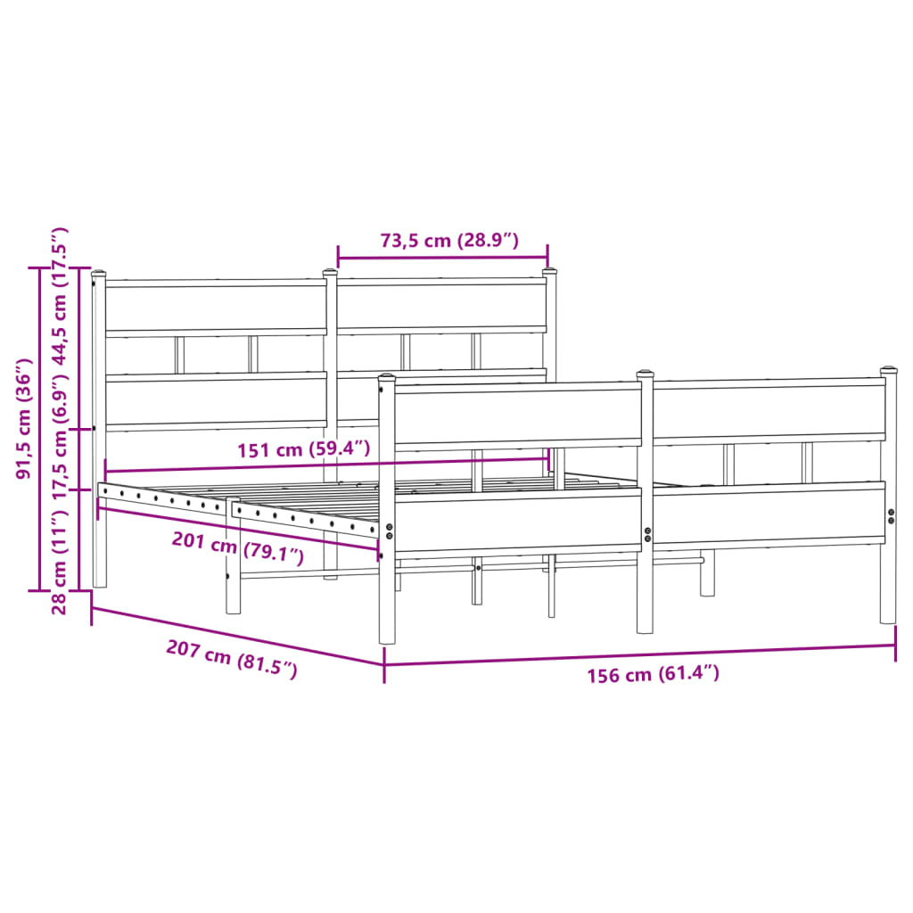 Metalni okvir kreveta bez madraca smeđa boja hrasta 150x200 cm