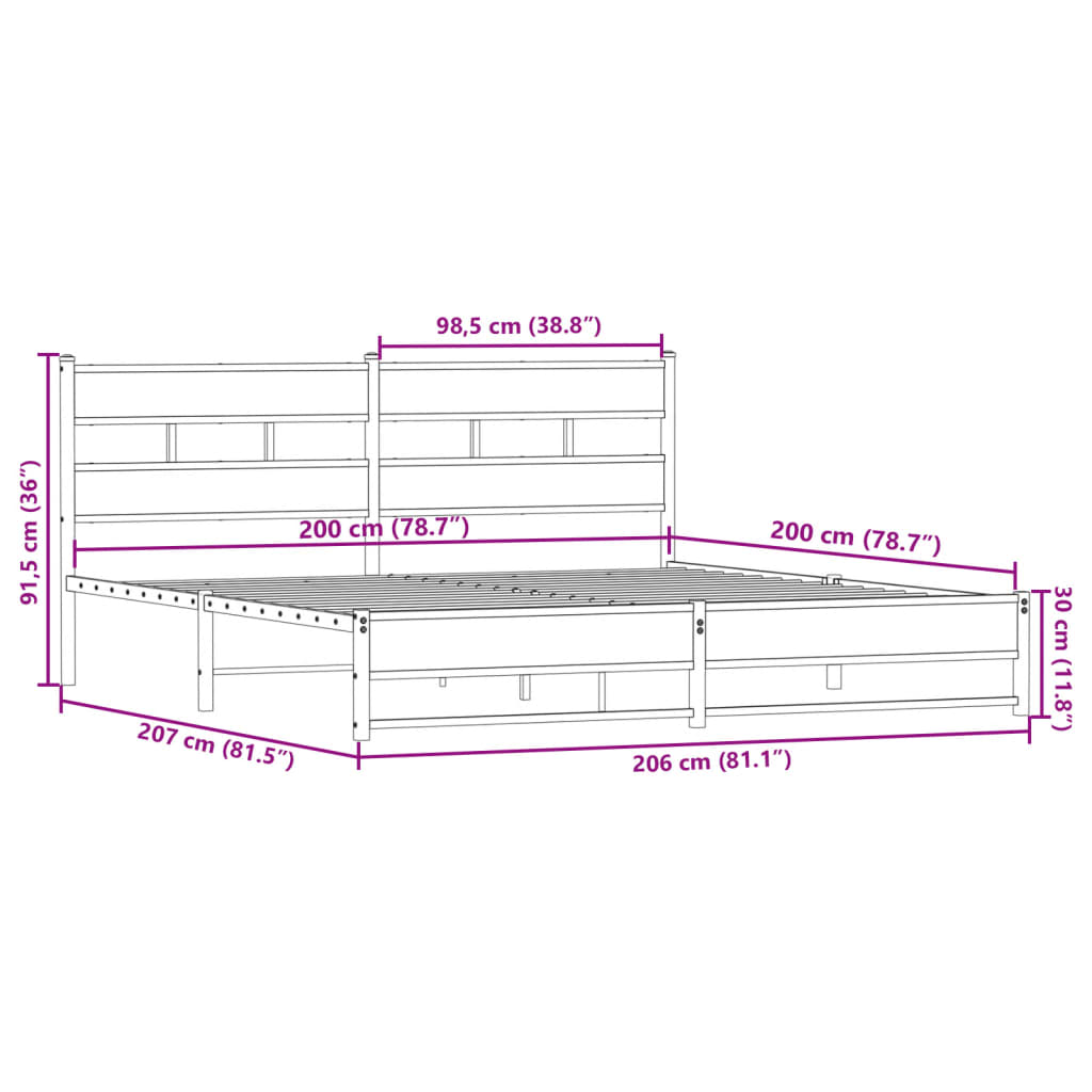 Metalni okvir kreveta bez madraca boja hrasta 200x200 cm