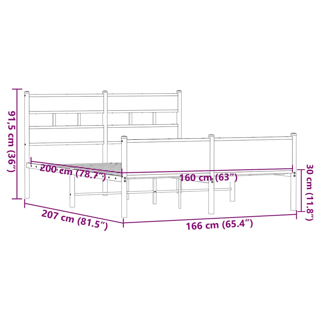 Metalni okvir kreveta bez madraca smeđa boja hrasta 160x200 cm