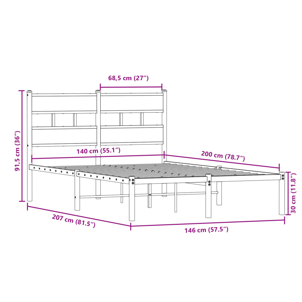 Metalni okvir kreveta bez madraca boja hrasta 140x200 cm
