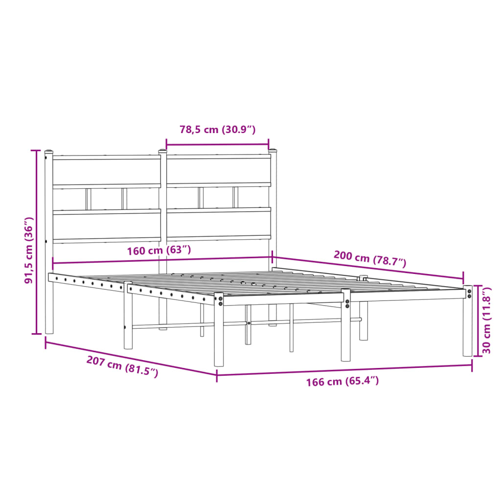Metalni okvir kreveta bez madraca boja hrasta 160x200 cm