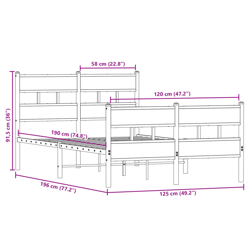 Metalni okvir kreveta bez madraca boja hrasta 120x190 cm
