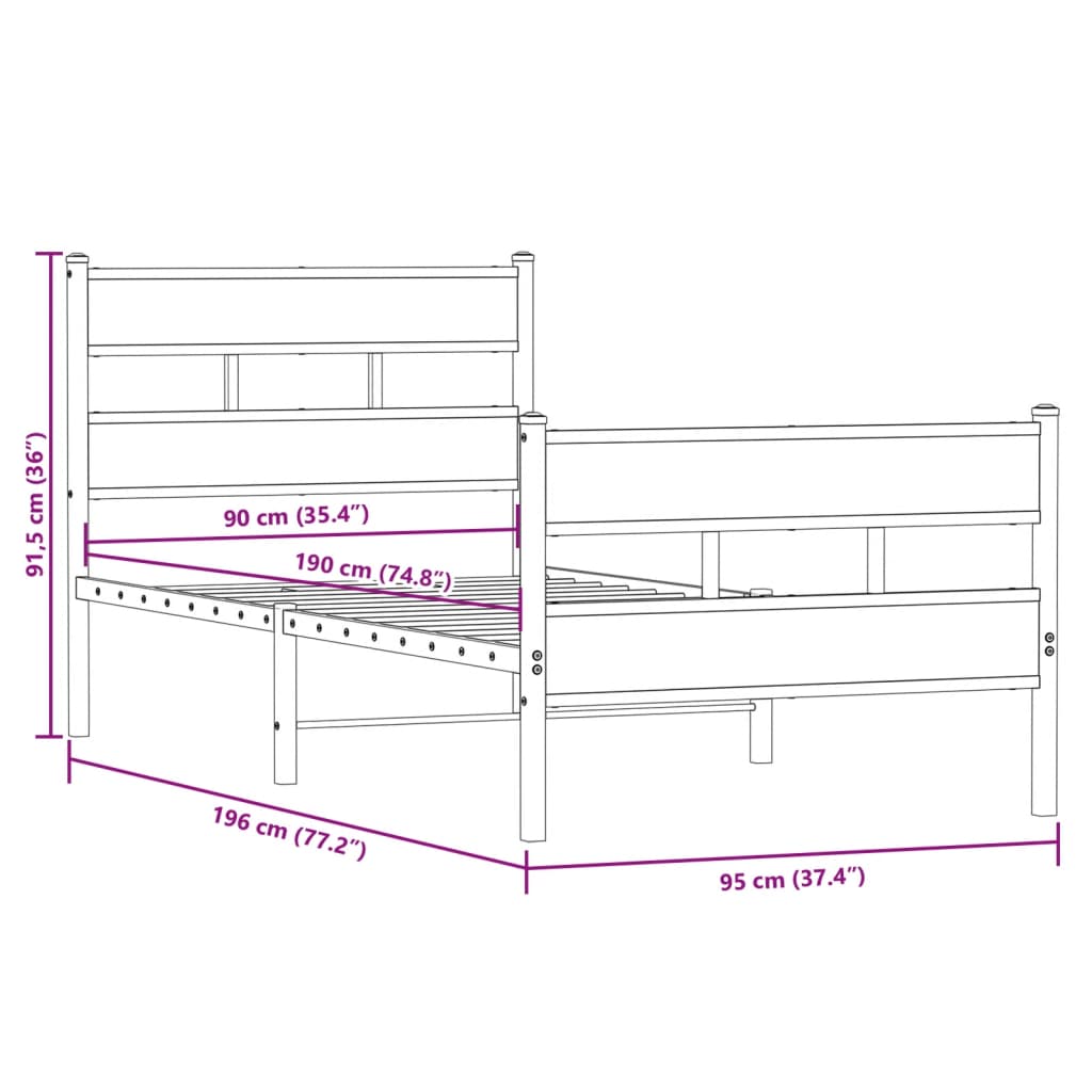 Metalni okvir kreveta bez madraca boja hrasta sonome 90x190 cm