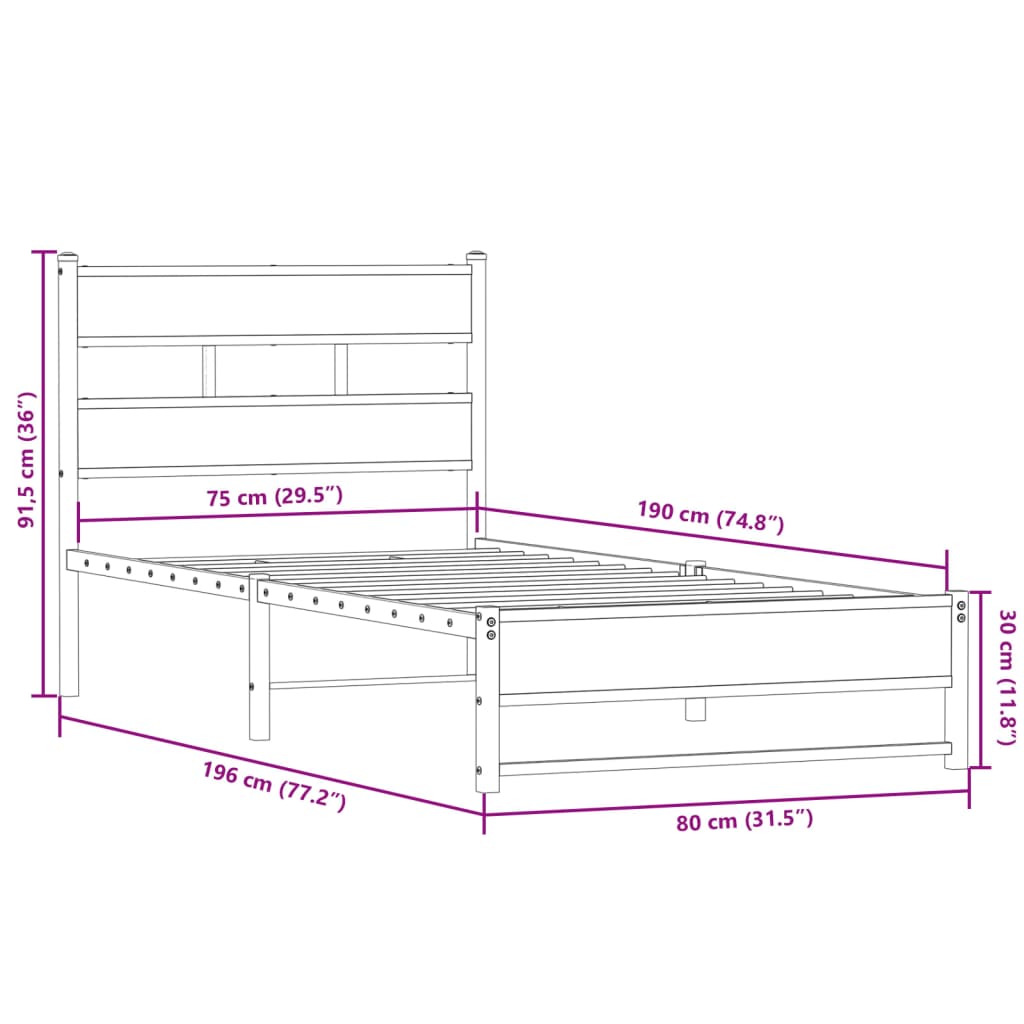 Metalni okvir kreveta bez madraca boja hrasta 75x190 cm