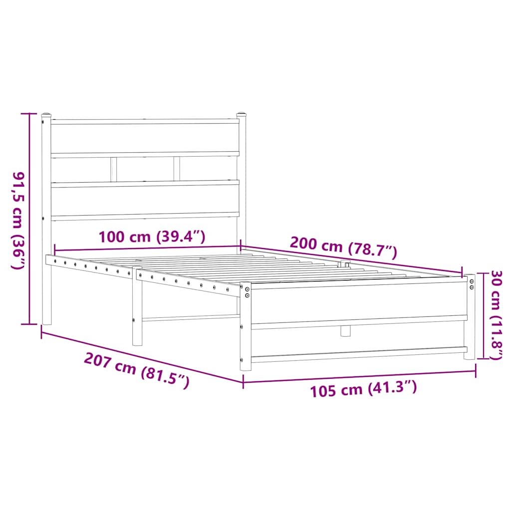 Metalni okvir kreveta bez madraca smeđi hrast 100x200 cm