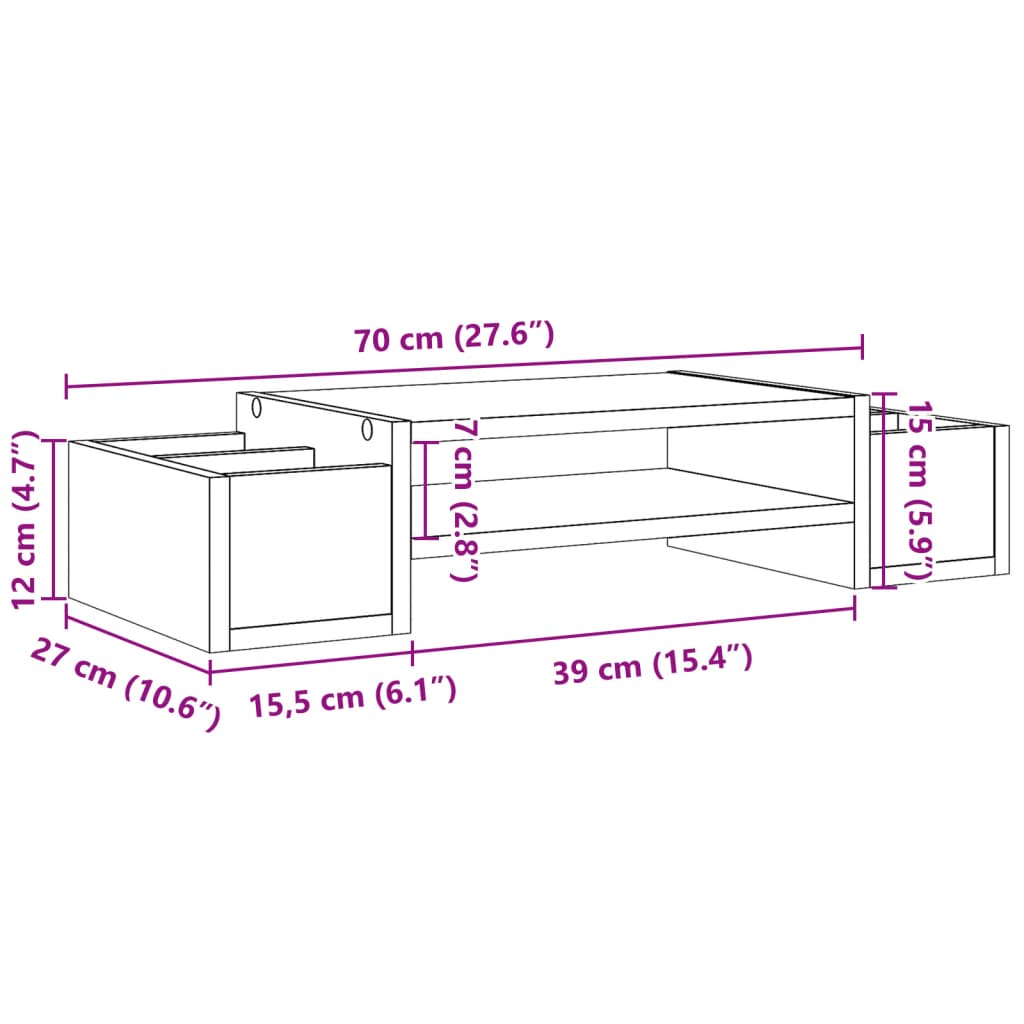 Stalak za monitor s pohranom boja betona 70 x 27 x 15 cm drveni