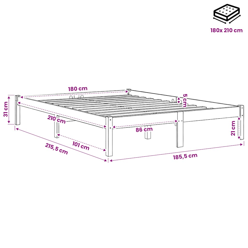 Dugi okvir kreveta bez madraca bijeli 180 x 210 cm od borovine