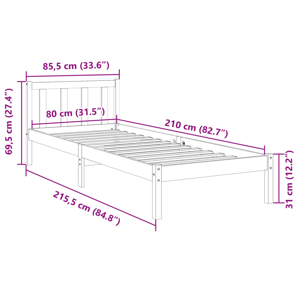 Dugi okvir kreveta bez madraca 80 x 210 cm od borovine