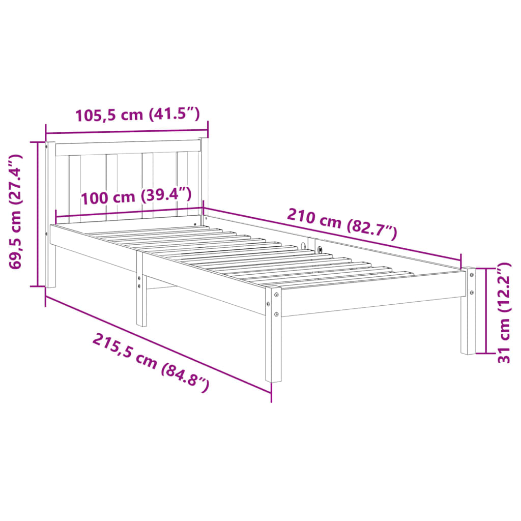 Okvir kreveta bez madraca bijeli 100x210 cm masivna borovina