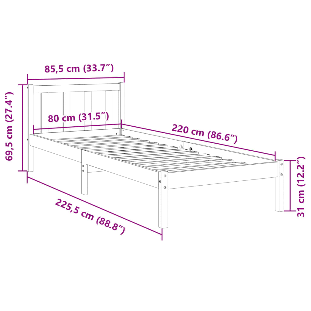 Okvir kreveta bez madraca bijeli 80 x 220 cm masivna borovina