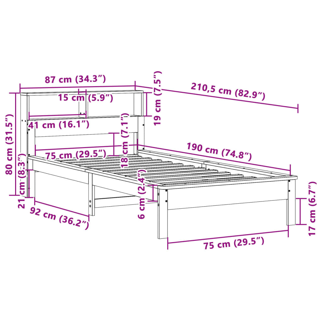 Krevet s regalom za knjige bez madraca bijeli 75x190cm borovina