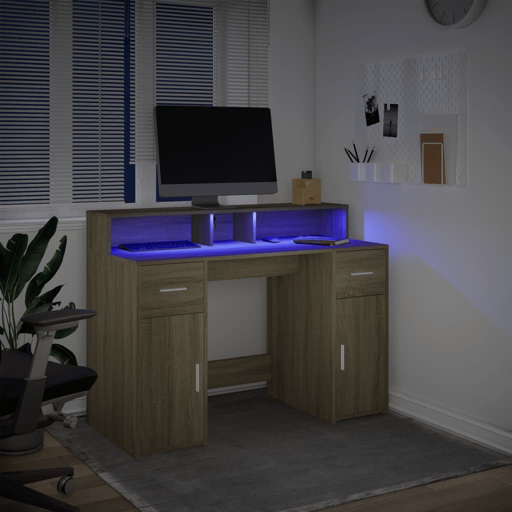 Radni stol s LED svjetlima hrast 120x55x91 cm konstruirano drvo