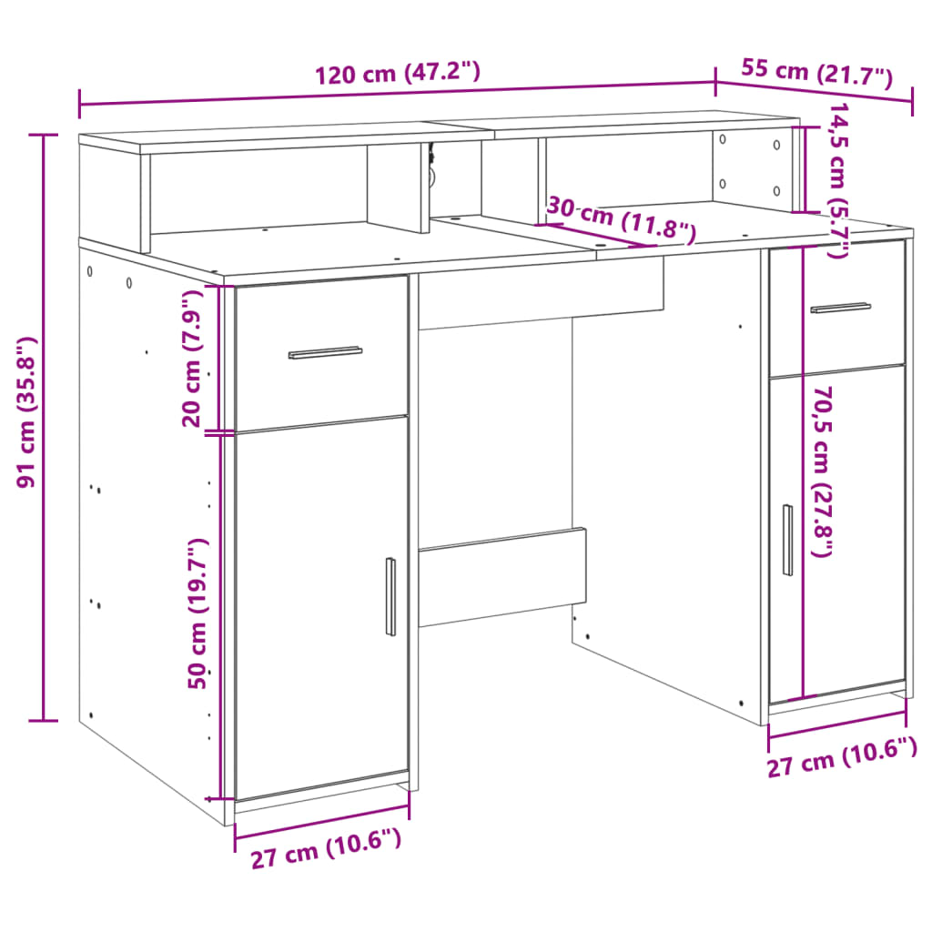 Radni stol s LED svjetlima smeđa boja hrasta 120x55x91cm drveni