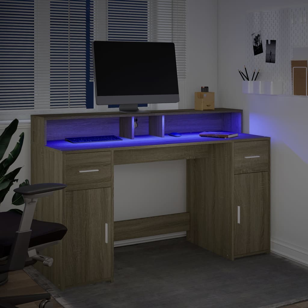 Radni stol s LED svjetlima hrast 140x55x91 cm konstruirano drvo
