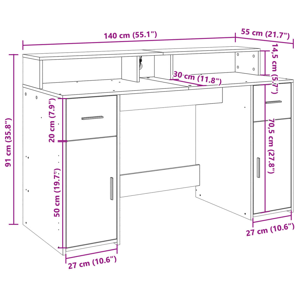 Radni stol s LED svjetlima boja staro drvo 140x55x91 cm drveni