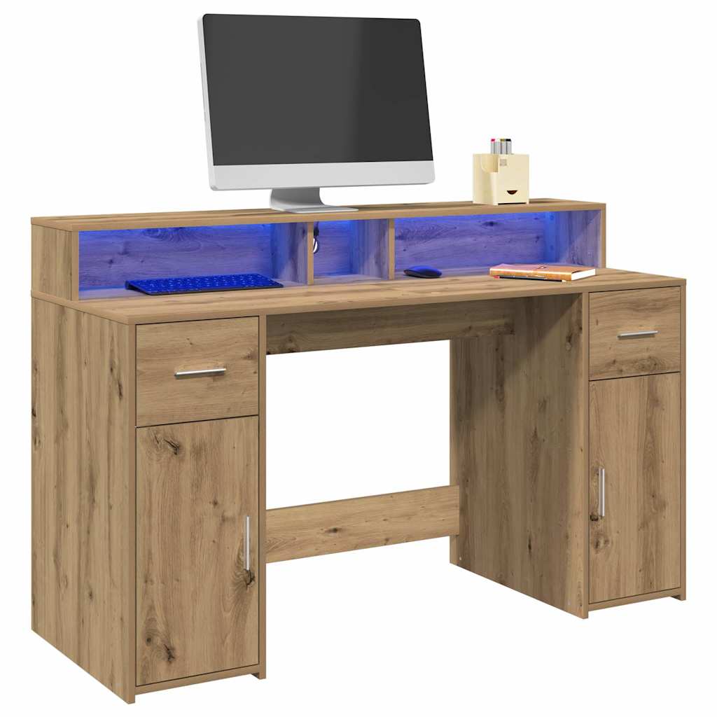 Radni stol s LED svjetlima boja hrasta 140x55x91 cm drveni
