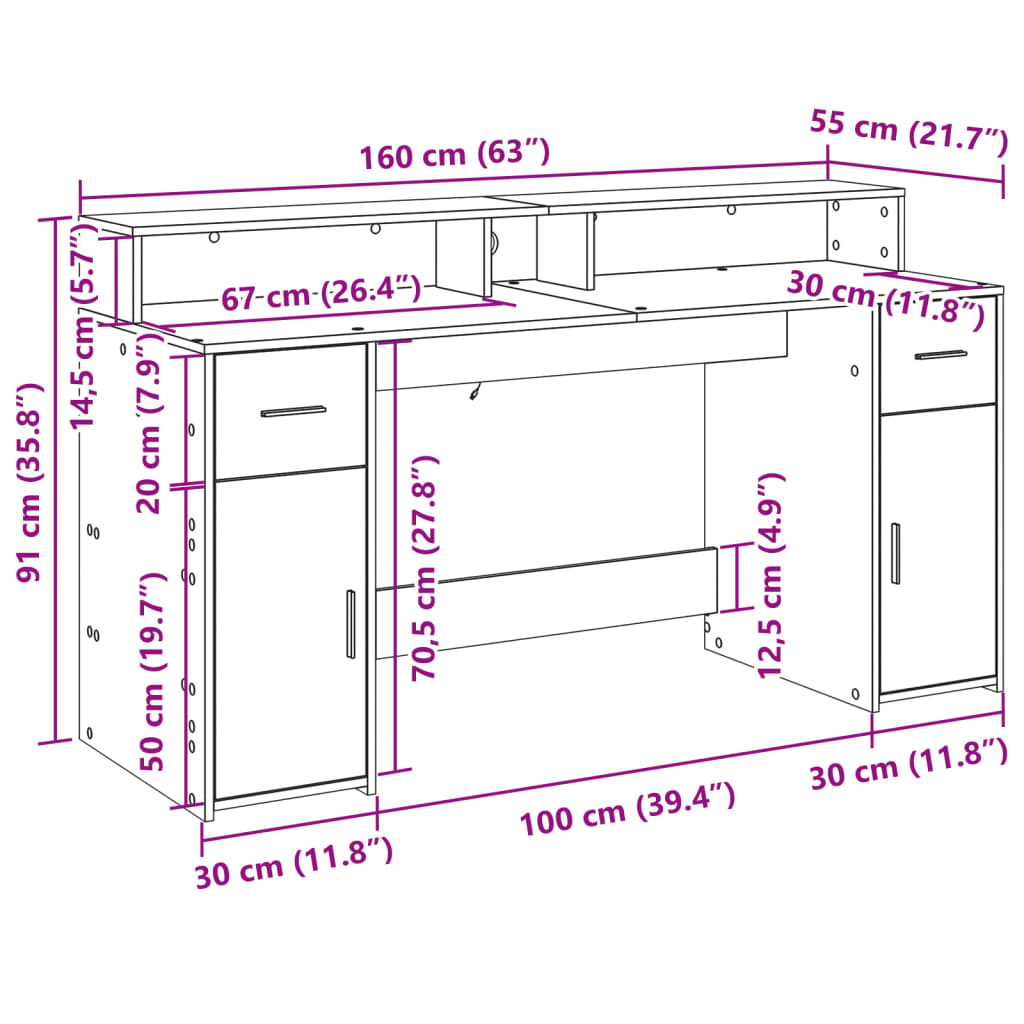 Radni stol s LED svjetlima smeđa boja hrasta 160x55x91cm drveni