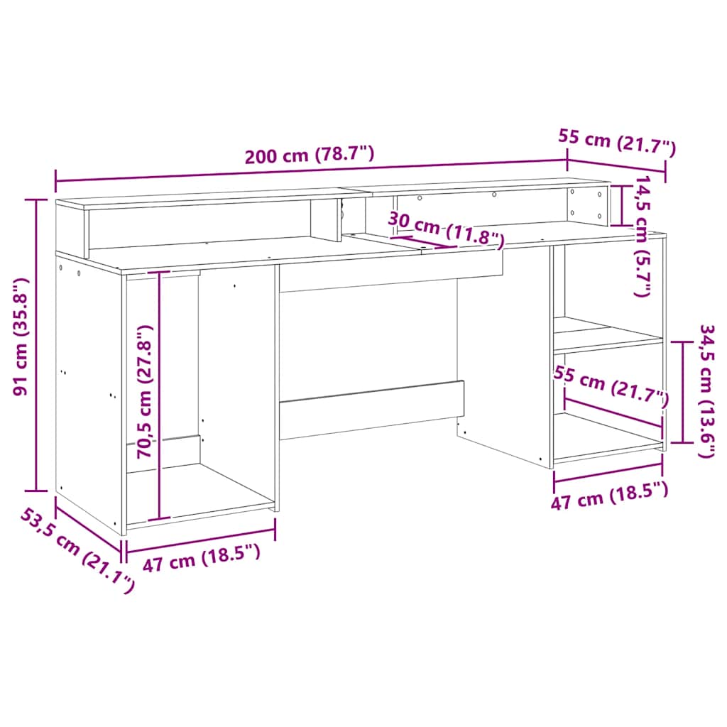 Radni stol s LED svjetlima 200x55x91 cm konstruirano drvo