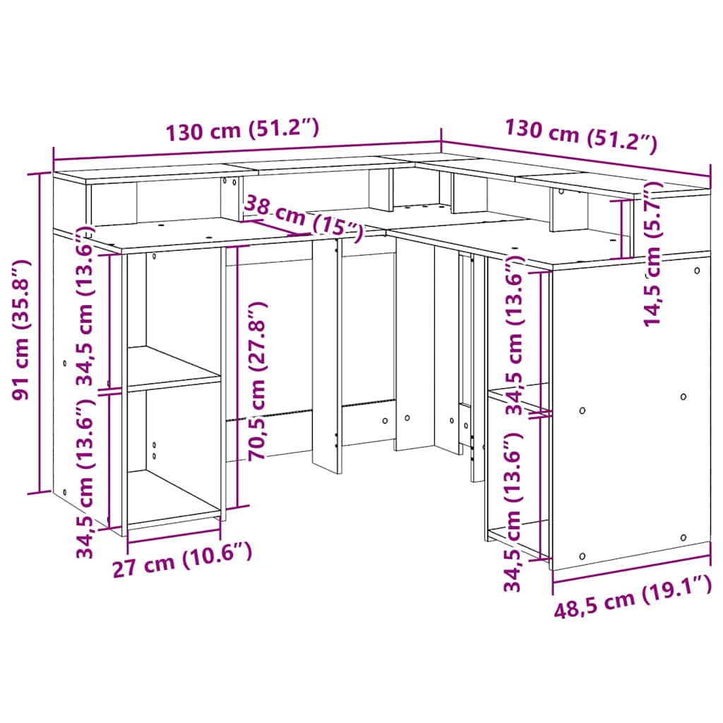 Radni stol LED svjetlima smeđa boja hrasta 130x130x91 cm drveni