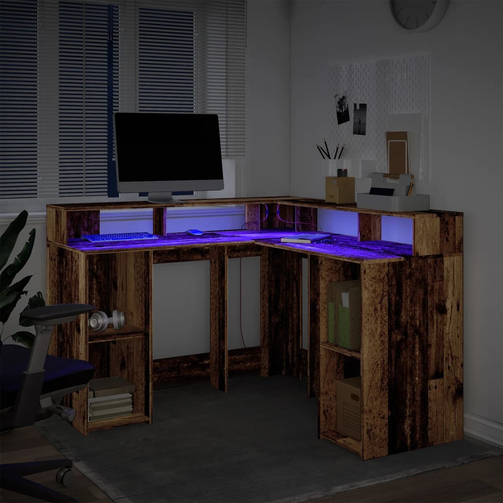 Radni stol s LED svjetlima boja staro drvo 130x130x91 cm drveni